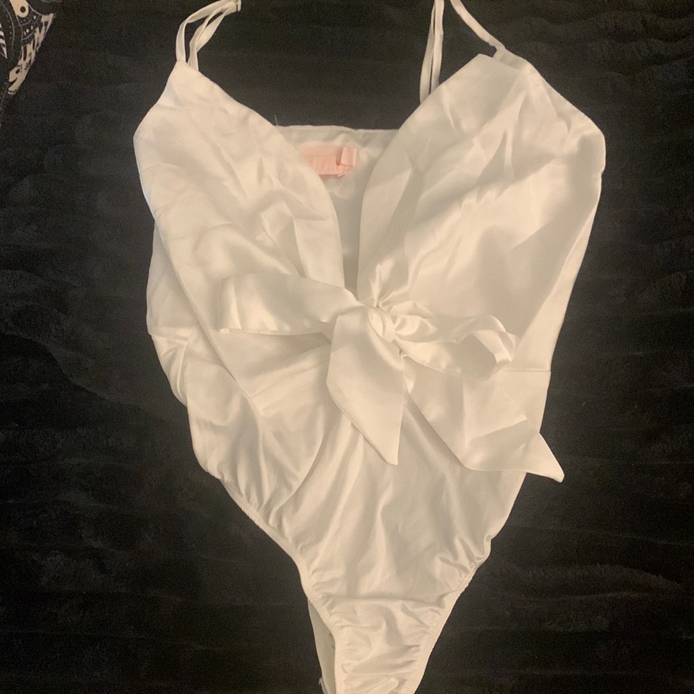 Showpo satin white plunge bodysuit.